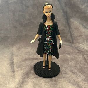 Vintage Enesco Barbie Figurine Doll with Black Coat and Colorful Dress